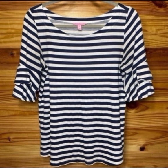 Lilly Pulitzer Tops - Lilly pulitzer navy and white striped ruffle flair sleeve top medium